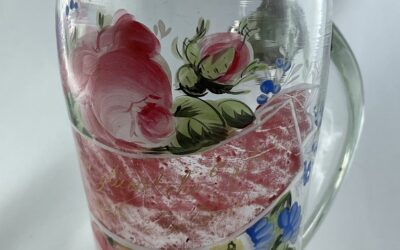 Freiberger Hochzeitskrug Glas bemalt & Zinn Montierung Freiberg ~1840 Walzenkrug