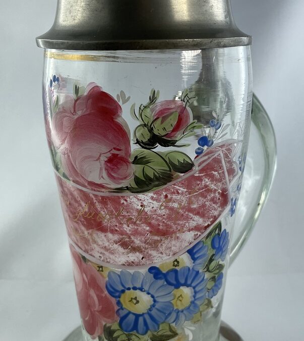Freiberger Hochzeitskrug Glas bemalt & Zinn Montierung Freiberg ~1840 Walzenkrug