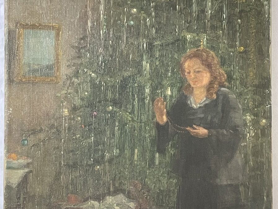 Max Schlichting 1866–1937 Gemälde Portrait Frau Mädchen vor Weihnachtsbaum  1932 /33