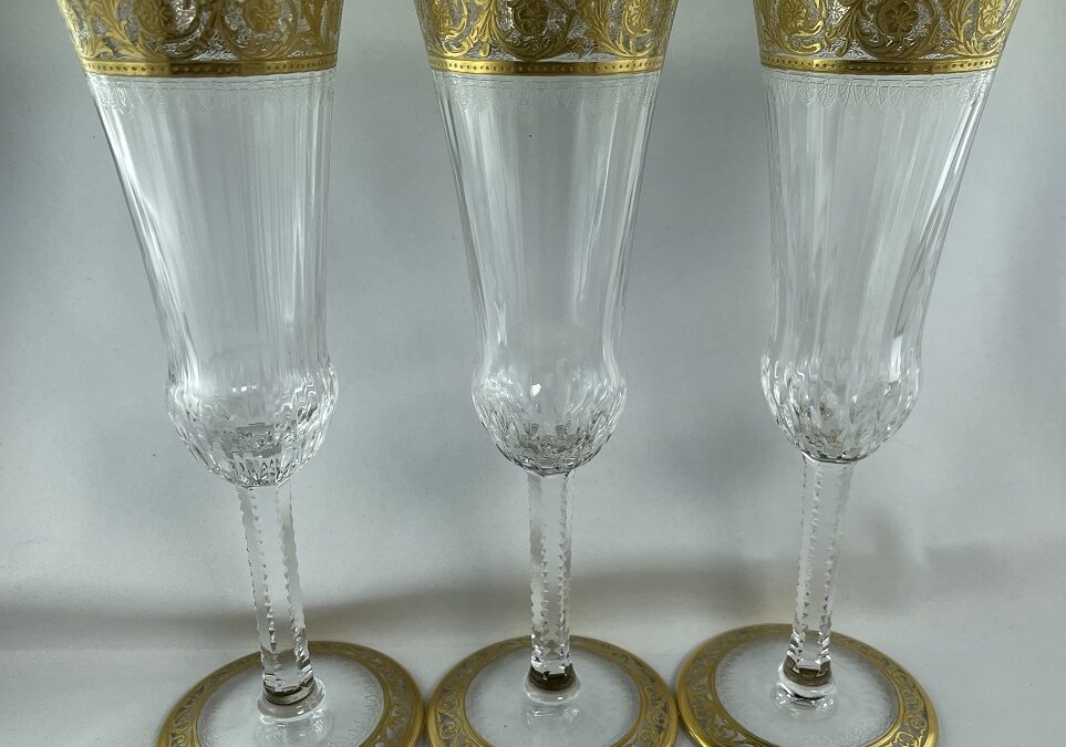3x Gläser Sekt / Champagner Flöte Saint Louis Thistle Gold Frankreich Kristall
