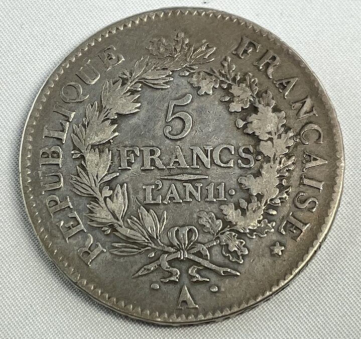 Frankreich 5 Francs L `an 11 Silber Münze Union et Force A Paris