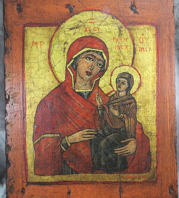 Antike Ikone Gottesmutter / Maria mit Jesus Kind ~ 1900
