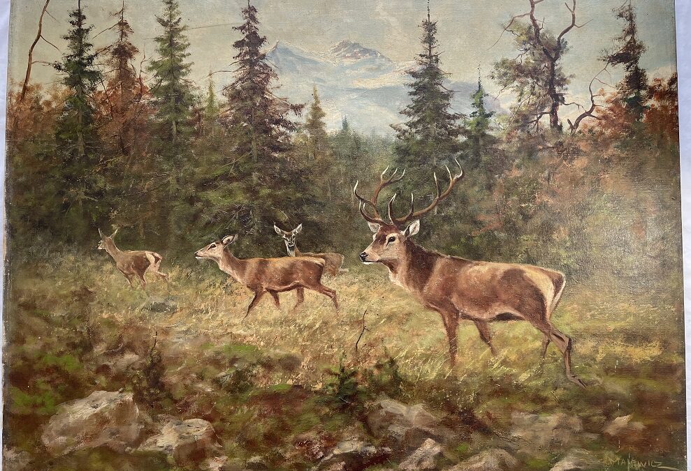 George Majewicz 1897-1973 Gemälde Hirsch & Rehe auf Waldlichtung Monte Rosa ?