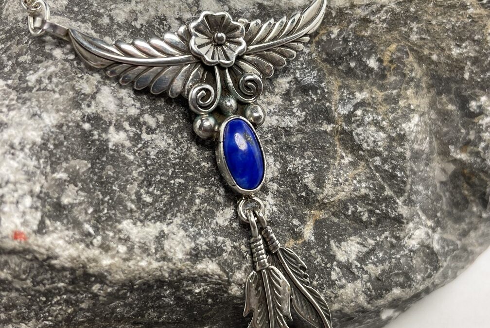 Vintage Halskette Kette / Collier 925 Silber Lapislazuli Indianer Schmuck Feder