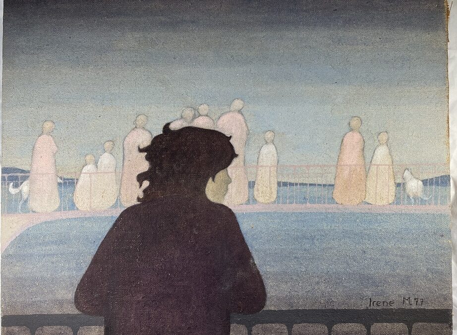 Irene Müller Gütersloh 1941-2024 Gemälde Personen auf Brücke vor Wasser 1977