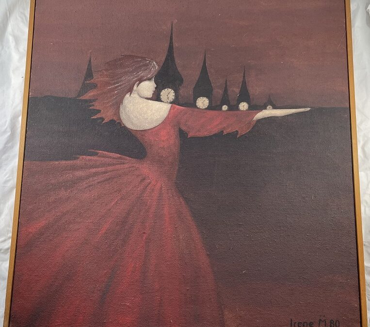 Irene Müller Gütersloh 1941-2024 Gemälde Frau Tänzerin v. Uhren Turmspitzen 1980