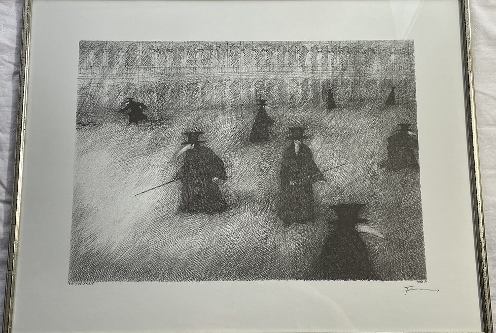 Paul Flora 1922-2009 Farboffset Lithographie Die Pestärzte 1980 – Venedig