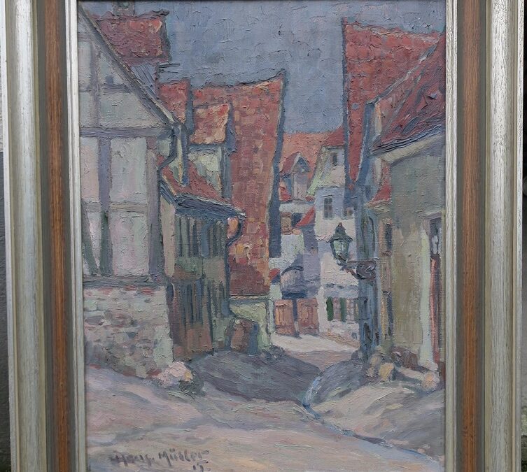 Müller Hans Gemälde Stadtszene – Altstadt Gasse / Fachwerkhäuser datiert 1915