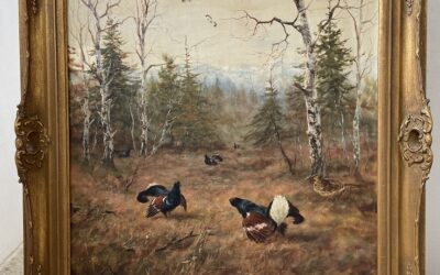 George Majowicz 1897-1973 Gemälde Balzende Birkhähne in Wald Lichtung