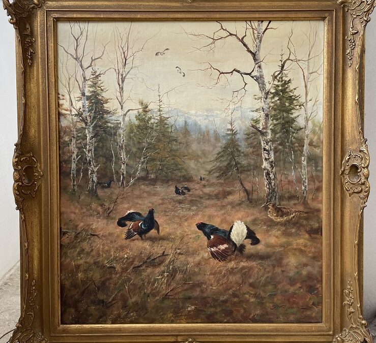 George Majowicz 1897-1973 Gemälde Balzende Birkhähne in Wald Lichtung