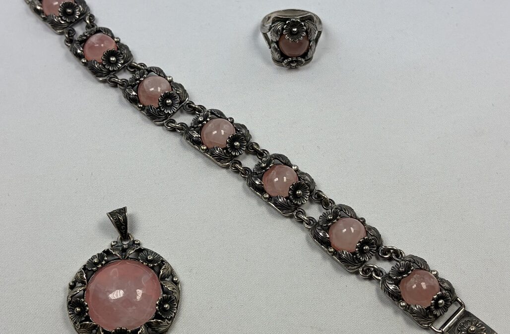 Nils Erik NE FROM Schmuckset Rosenquarz Armband Anhänger Ring 925 Silber Denmark