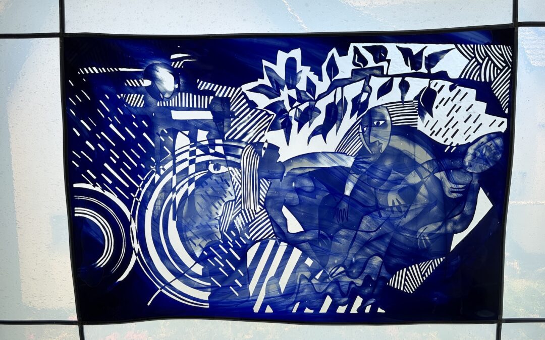 Jean-Paul Raymond *1948 großes Design Glasfenster Sommer / blaue Streaky ~ 1997