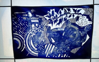 Jean-Paul Raymond *1948 großes Design Glasfenster Sommer / blaue Streaky ~ 1997